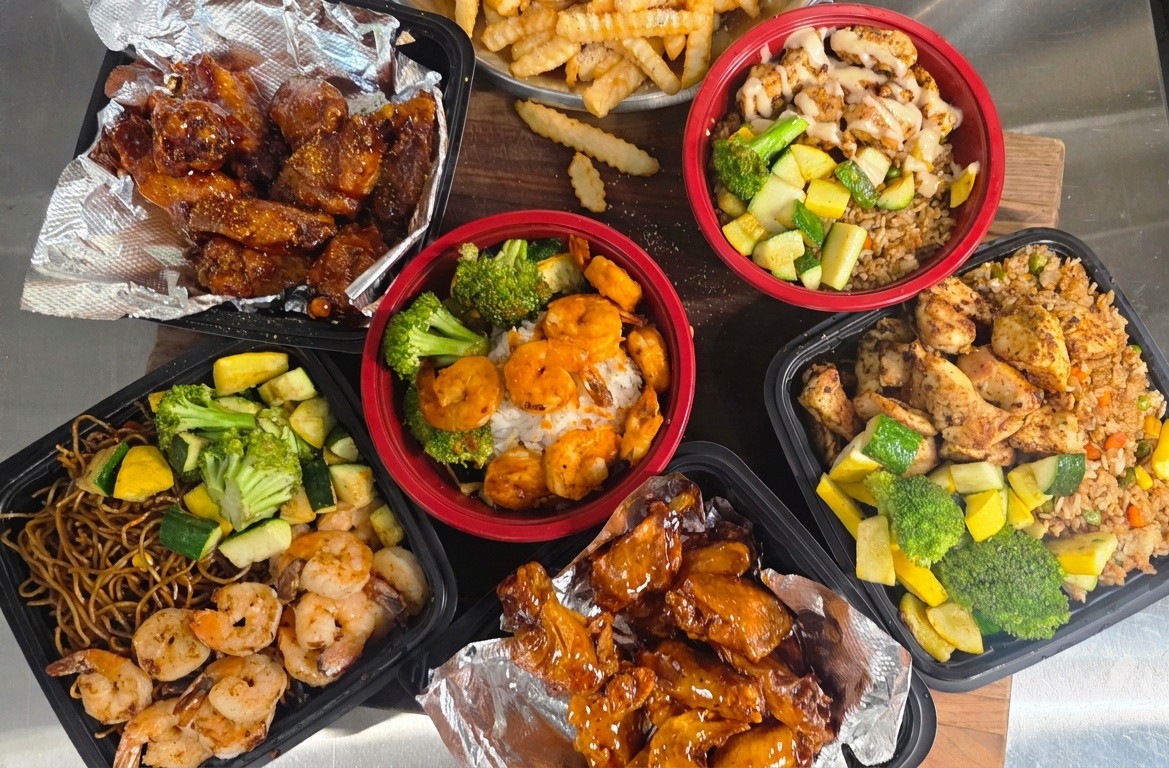 Shobachi Grill wings, hibachi bowls and fried rice spread out and ready to eat